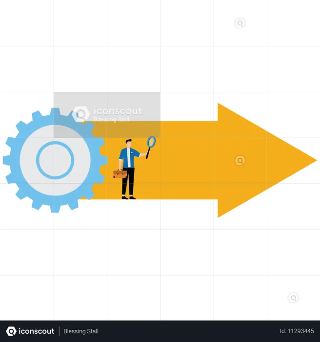 Myriad of arrows that go through gears to transform into single yellow arrow  Illustration