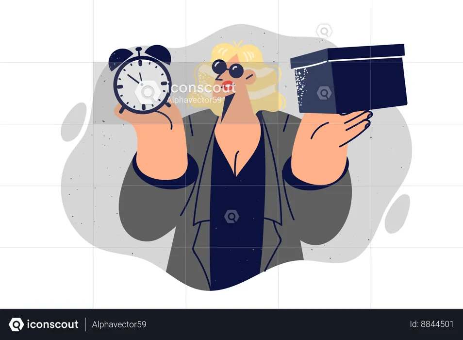 Mysterious woman with package and alarm clock reminds of importance of delivering box on time  Illustration