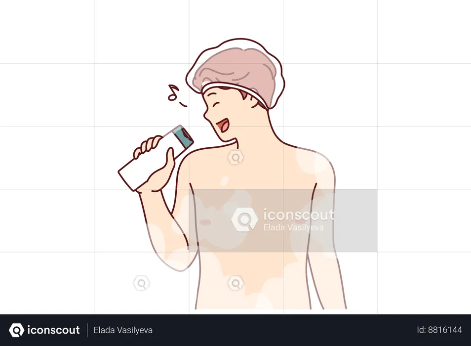 Naked man sings in shower  Illustration
