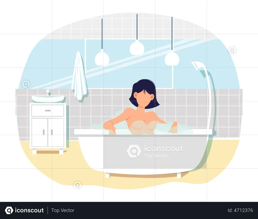 Naked woman sitting in bathtub with hot water in home sauna  Illustration