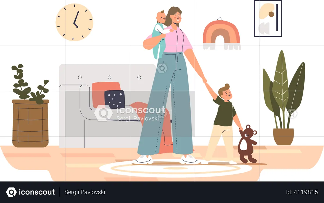 Nanny at home taking care of kids  Illustration