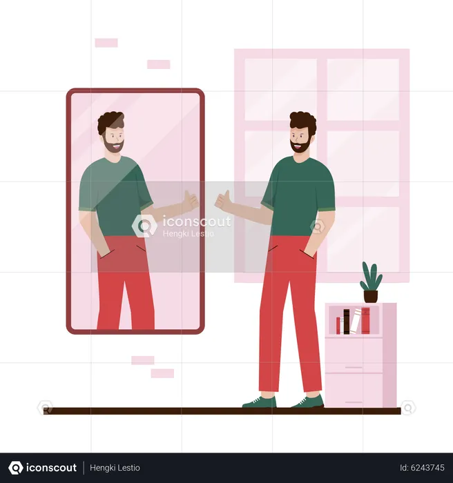 Narcissist male looking at self in mirror  Illustration