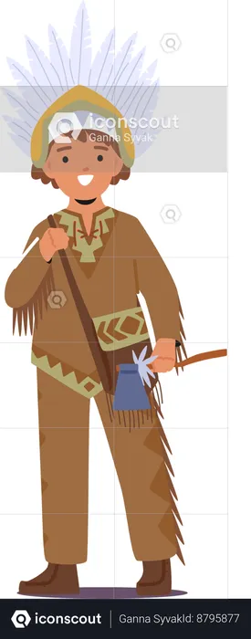 Native American Kid in Traditional Outfit Features And  Holding Tomahawk  Illustration