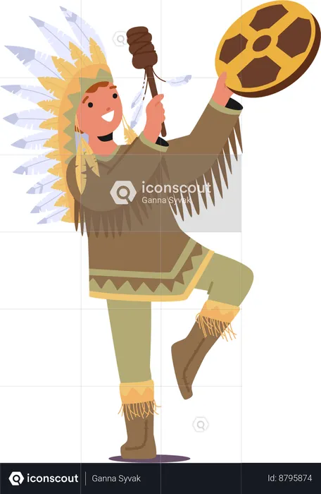 Native American Shaman Kid Wears Vibrant With Tribal Symbols while  Holding Tambourine  Illustration