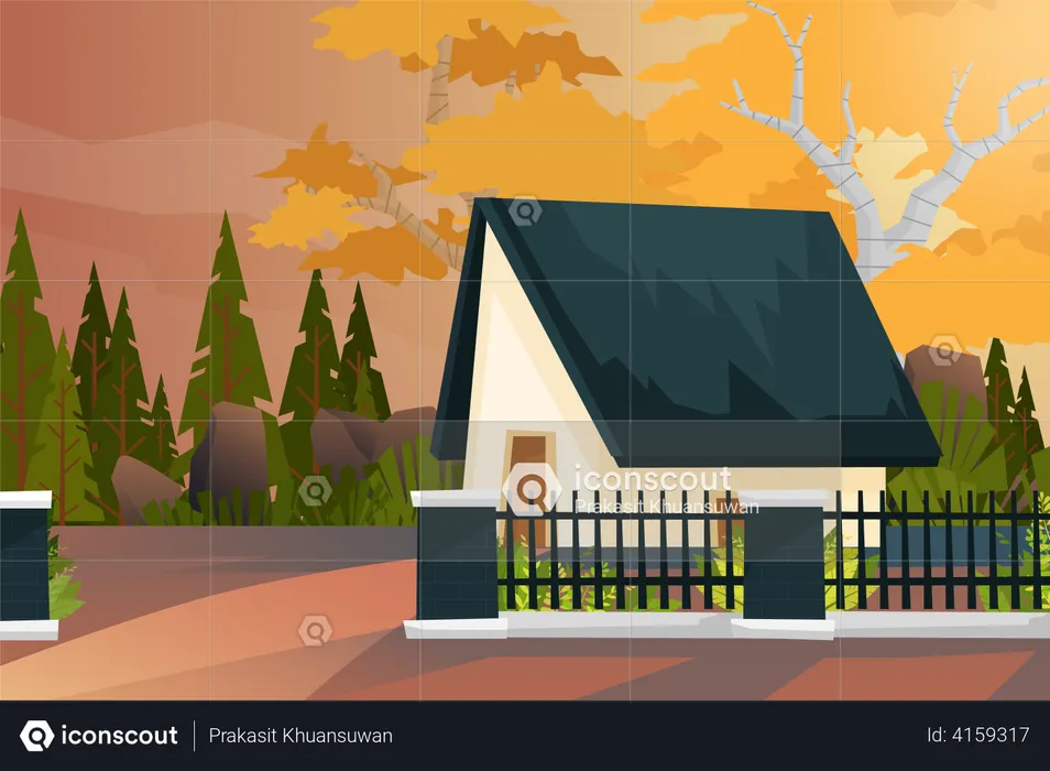 Nature landscape scenery of house and pine tree  Illustration