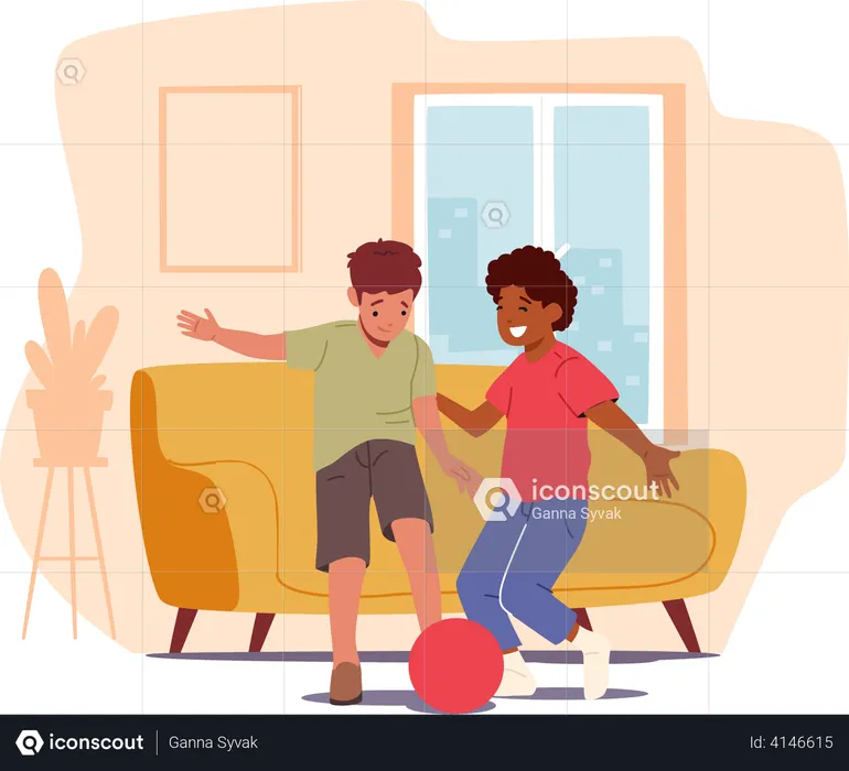 Naughty Children Playing Football at Home  Illustration