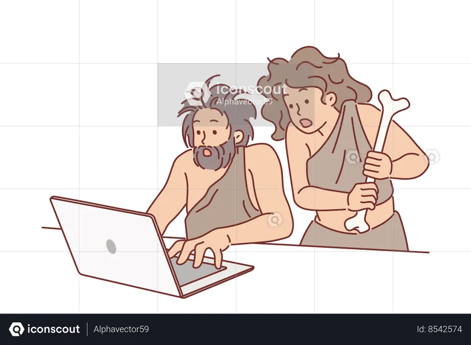 Neanderthal people use laptop and shocked to learn new technologies  Illustration