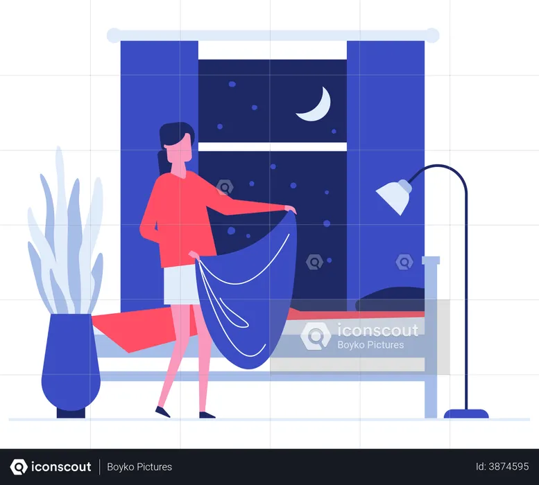 Neat woman making bed flat vector illustration  Illustration