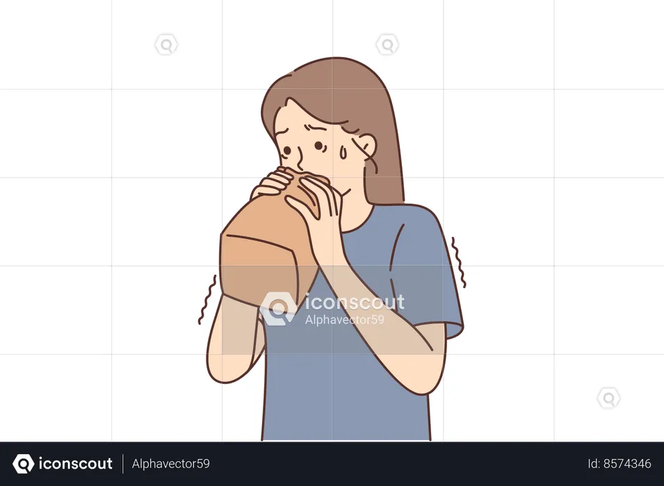 Nervous girl breathes into paper bag trying to cope  Illustration