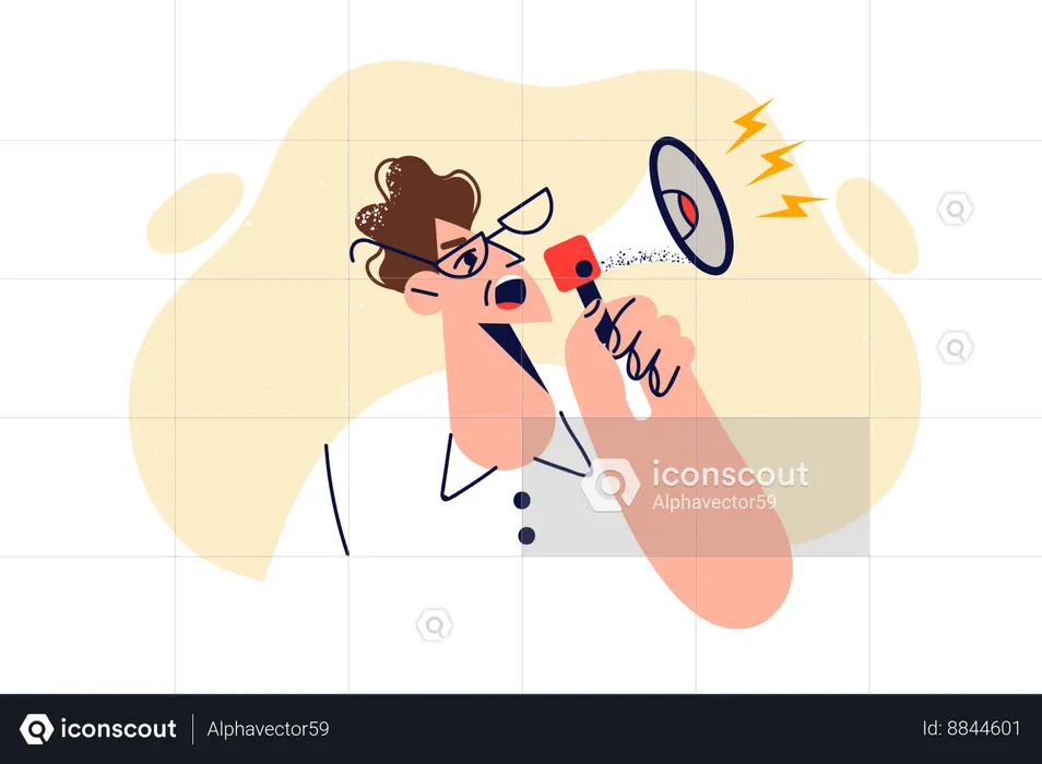 Nervous man shouts into megaphone wanting to express protest against actions of society  Illustration