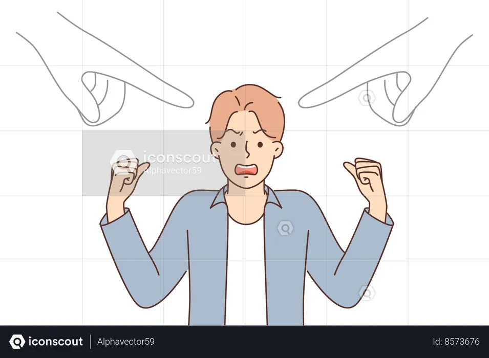 Nervous man waving arms and getting angry standing near pointing fingers  Illustration