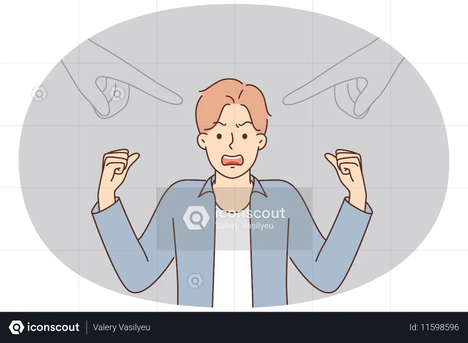 Nervous man waving arms and getting angry standing near pointing fingers symbolizing public opinion  Illustration