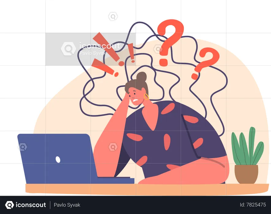 Nervous Woman Sitting At A Desk  Illustration