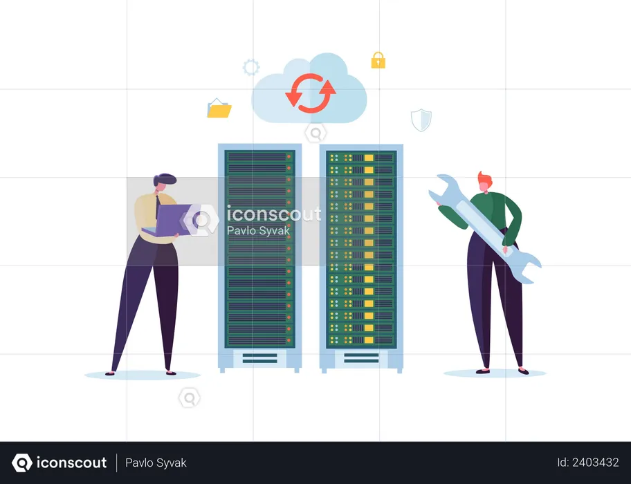 Network Engineers Working in Network Server Room  Illustration