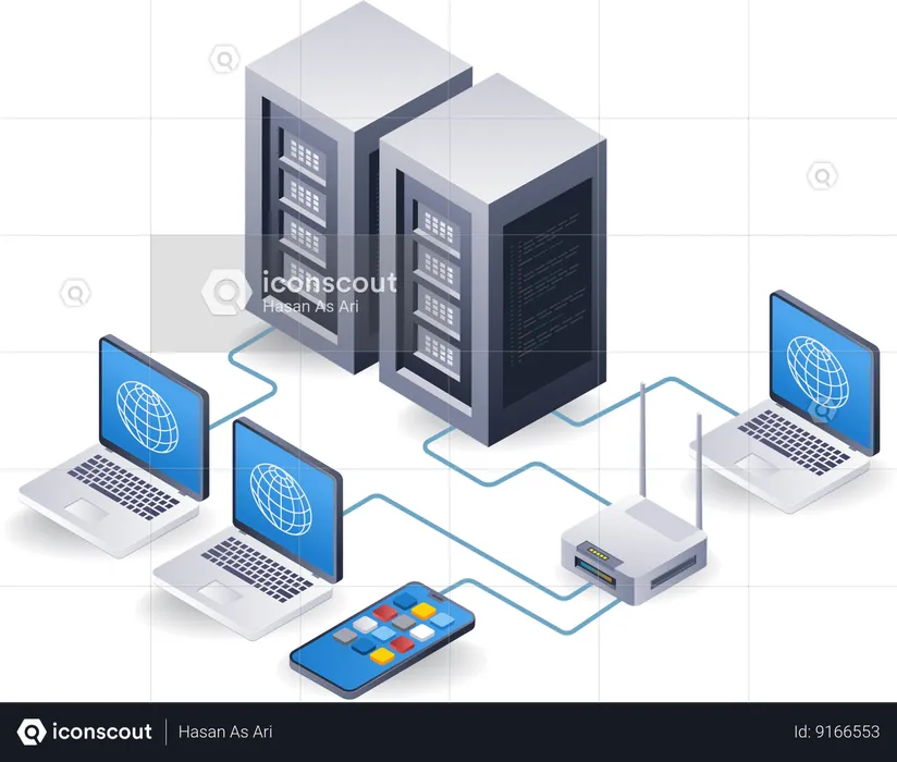 Network router tethering internet server computer concept  Illustration