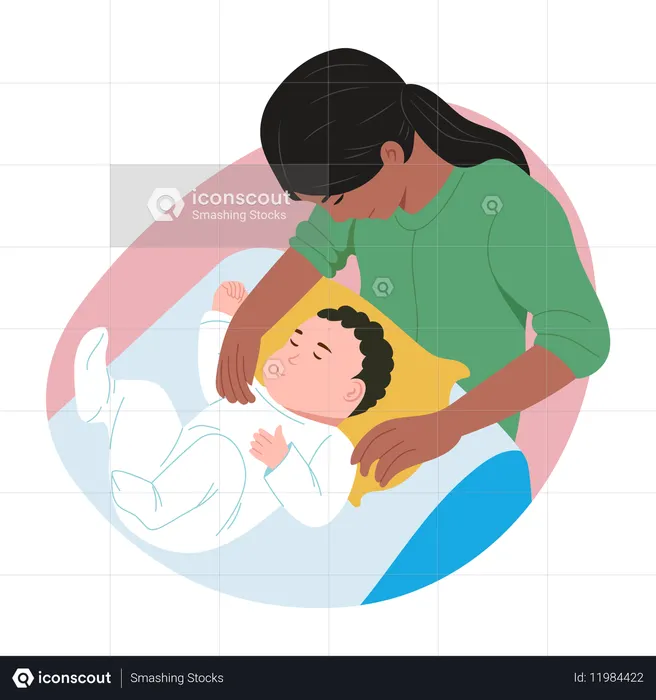 Neugeborenes schläft auf Mutters Schoß  Illustration