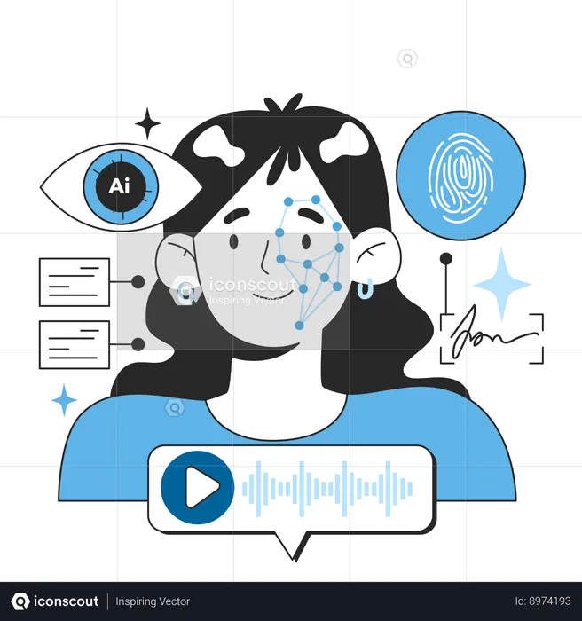 Neural network in identification by face fingerprints voice and signature  Illustration