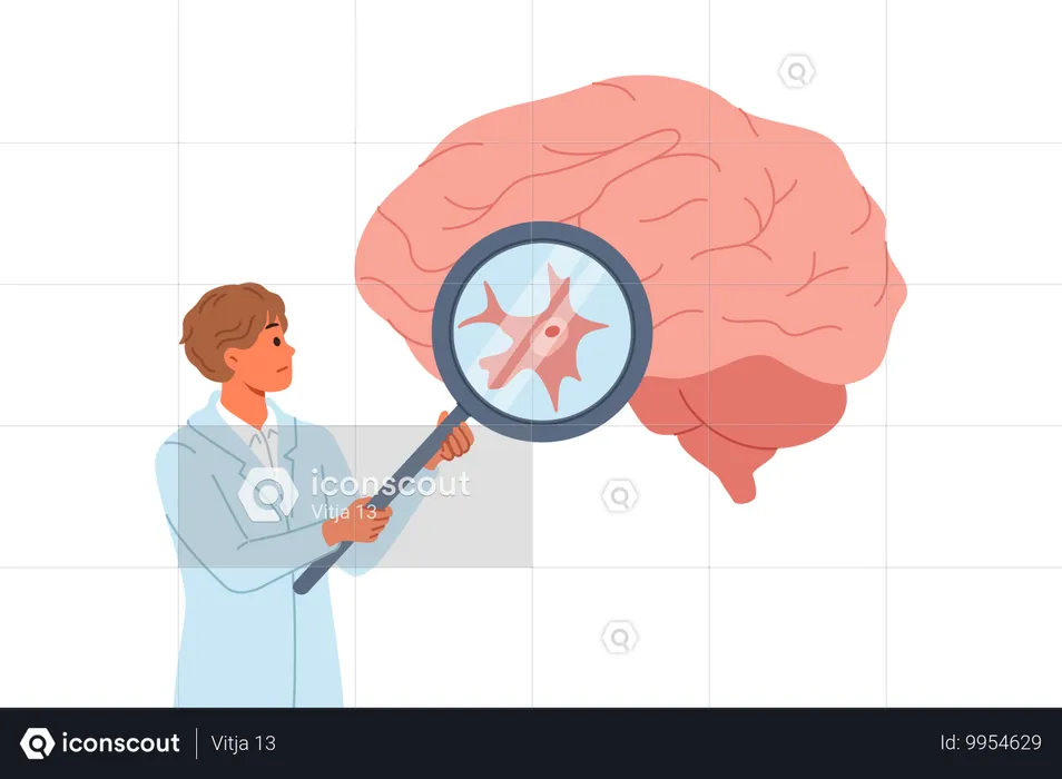 El médico neurocirujano examina el cerebro grande del paciente en busca de signos de malignidad  Ilustración