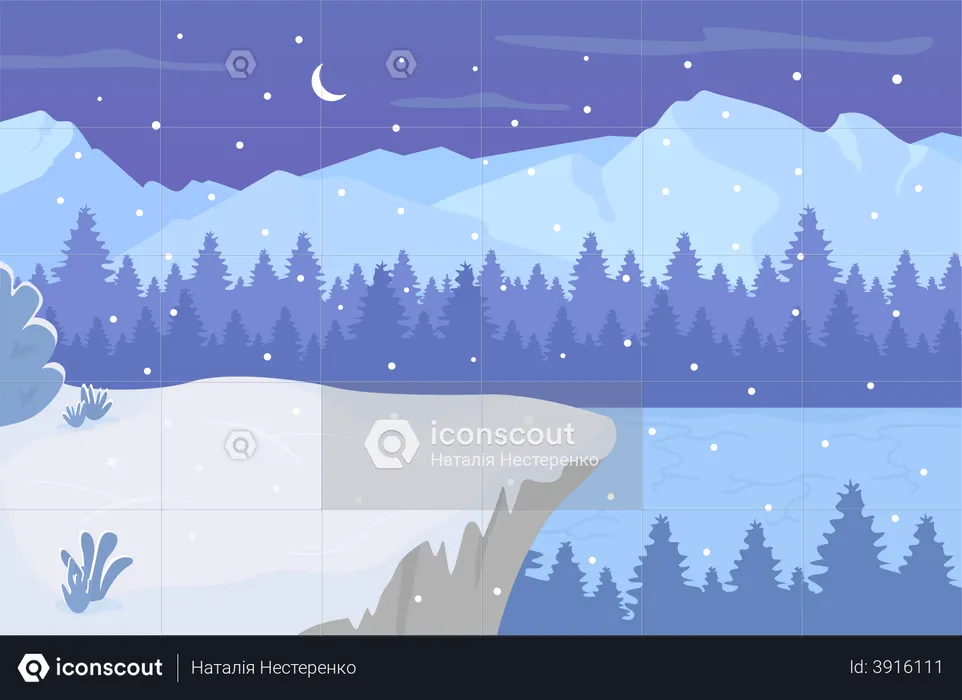 Neve caindo no lago durante a noite  Ilustração
