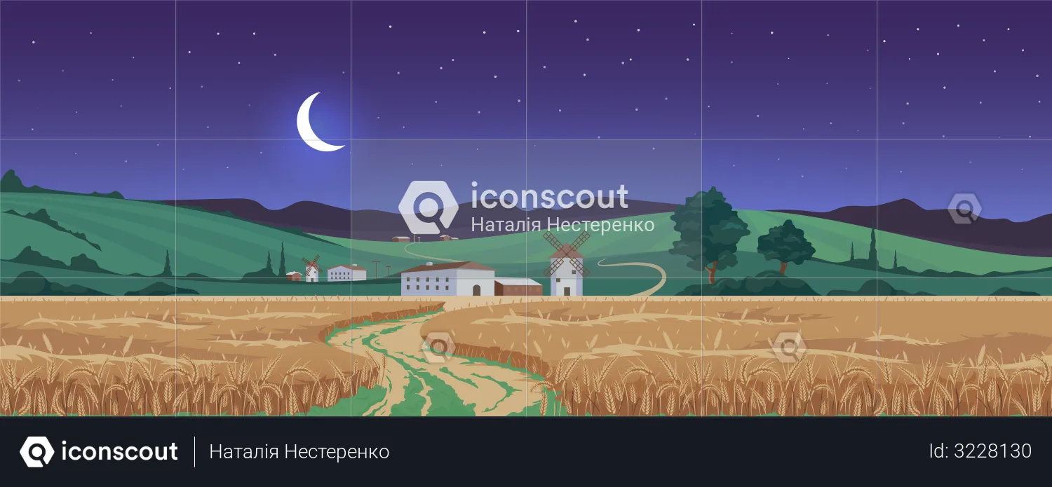 New moon above wheat fields  Illustration