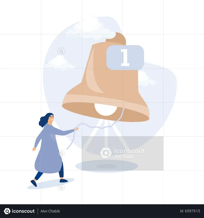 New woman subscriber ringing big bell with notification number  Illustration