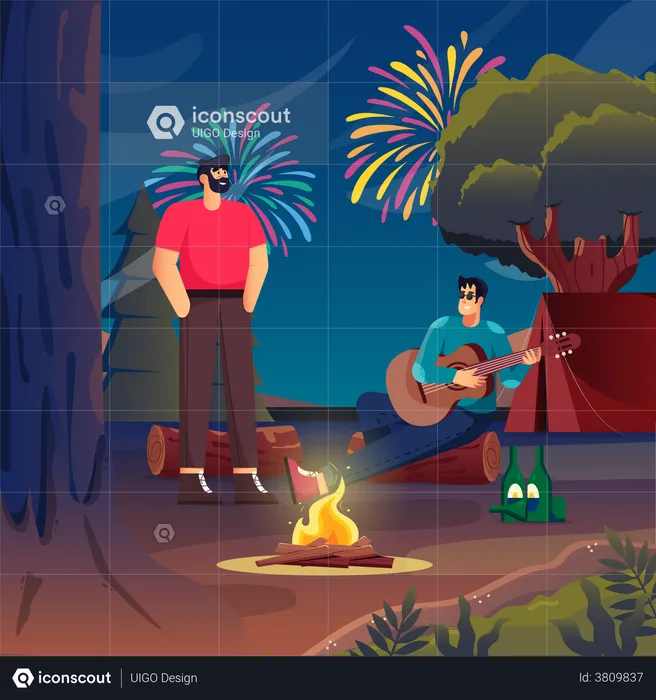 New year celebration at campsite  Illustration