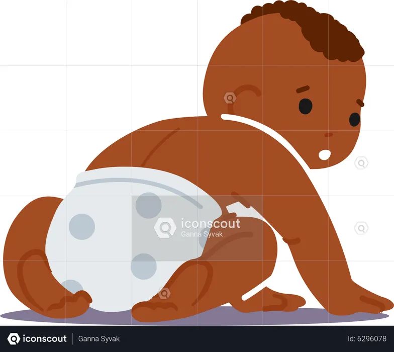 Newborn African Baby Wear Diaper Sitting on Floor Rear View Isolated on White Background. Cute Innocent Black Child  Illustration