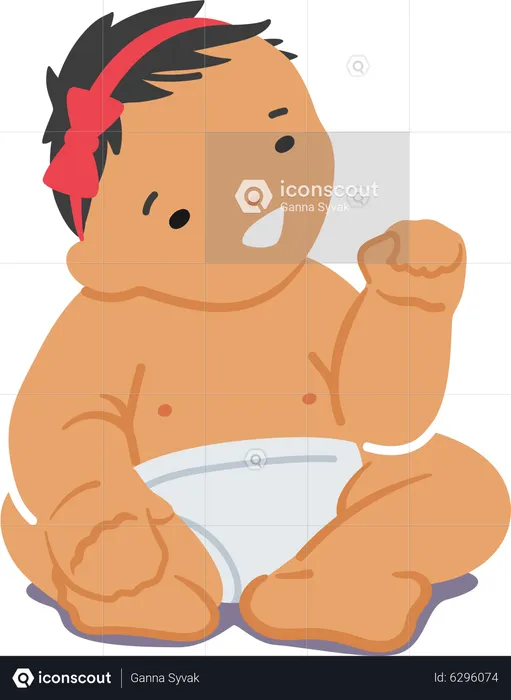 Newborn Asian Baby Girl Wear Diaper and Red Bow on Head  Illustration