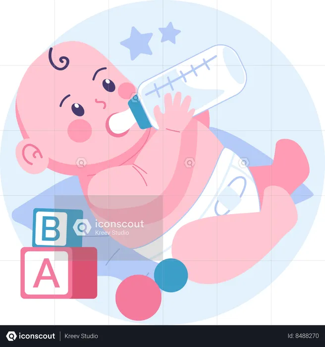 Newborn baby drinking milk from bottle  Illustration