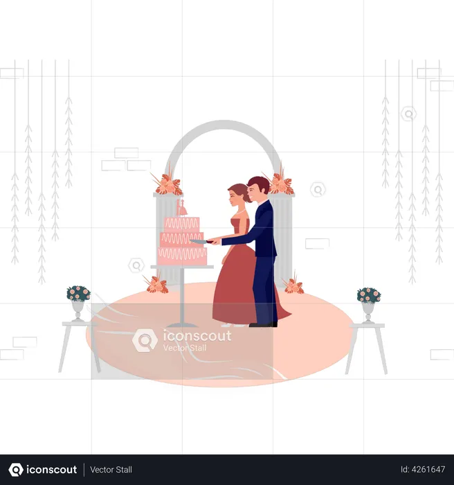 Newly wedded couple cutting cake  Illustration