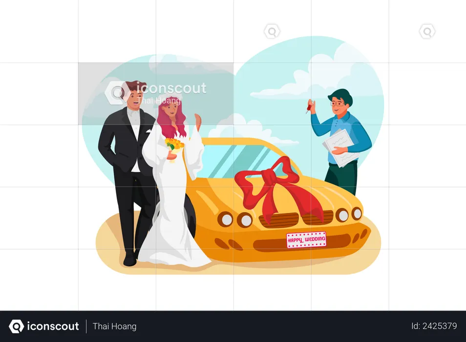 Newly wedded couple received car on wedding day  Illustration