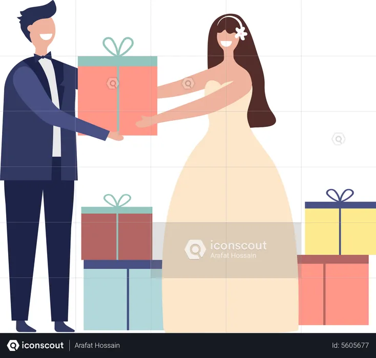 Newlywed couple sharing gifts  Illustration