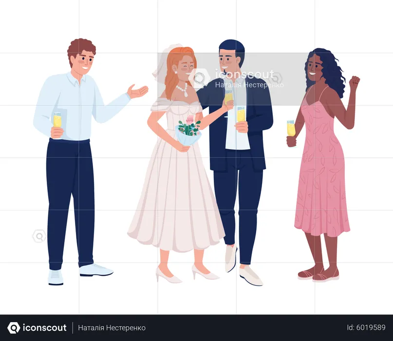 Newlyweds celebrating wedding event with friends  Illustration
