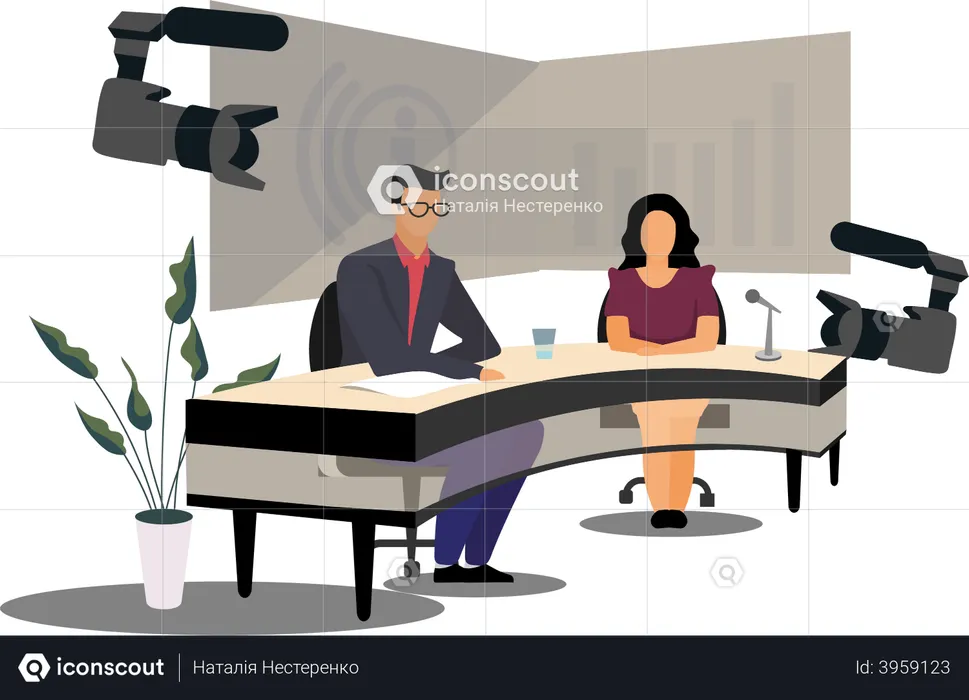 News anchors broadcasting news at studio  Illustration