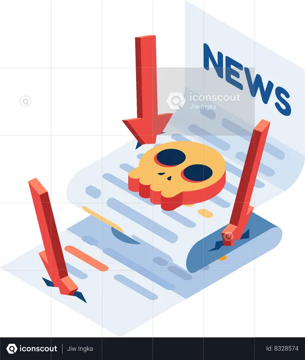 Newspaper with Falling Arrow and Skull  Illustration