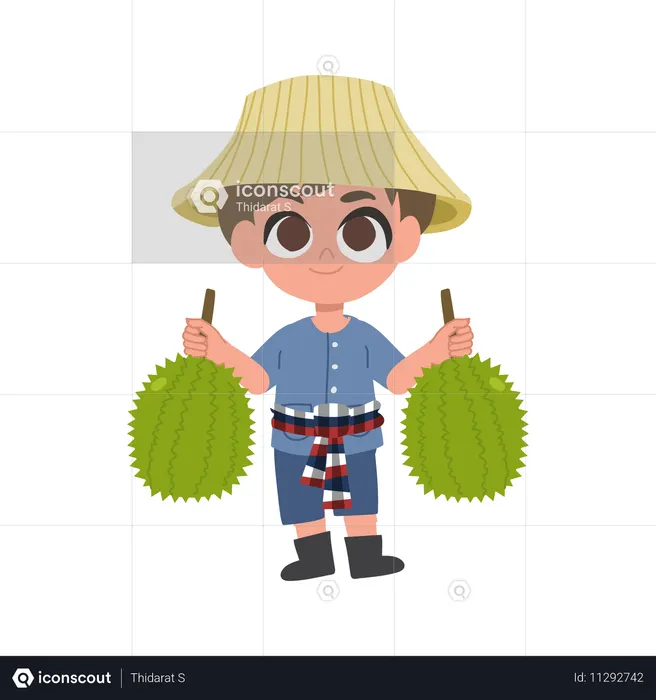 Niedlich, thailändisch, landwirt, mit, durian, tropische frucht  Illustration