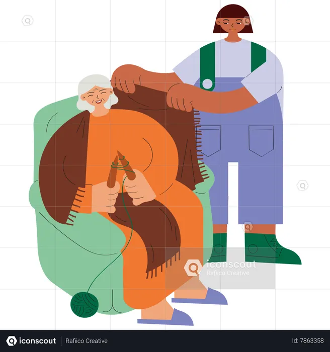 Nieta cuidando a la abuela  Ilustración