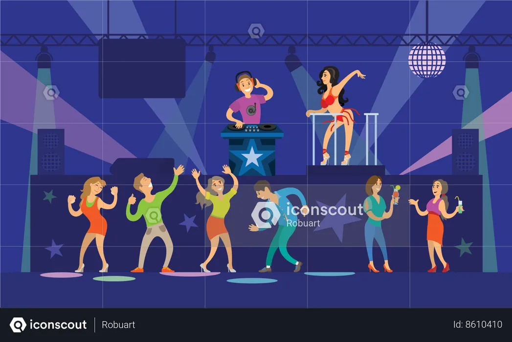 Night Party People Dancing on DJ Music Partying  Illustration