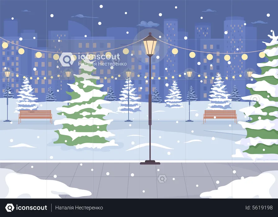 Night winter park with street light  Illustration