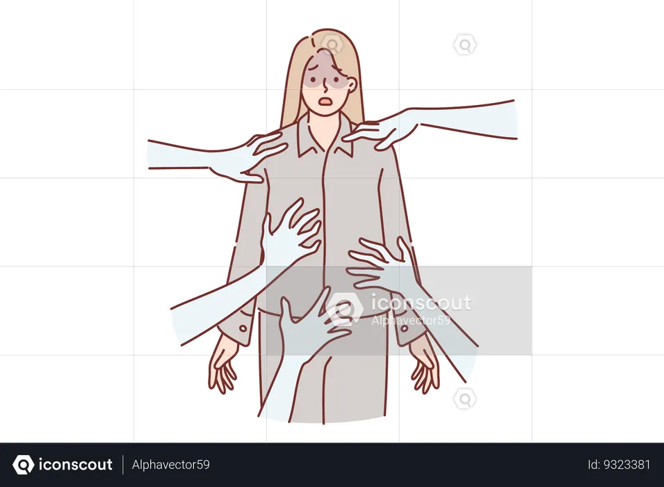 Nightmare of frightened girl standing in pajamas among hands of resurrected monsters  Illustration