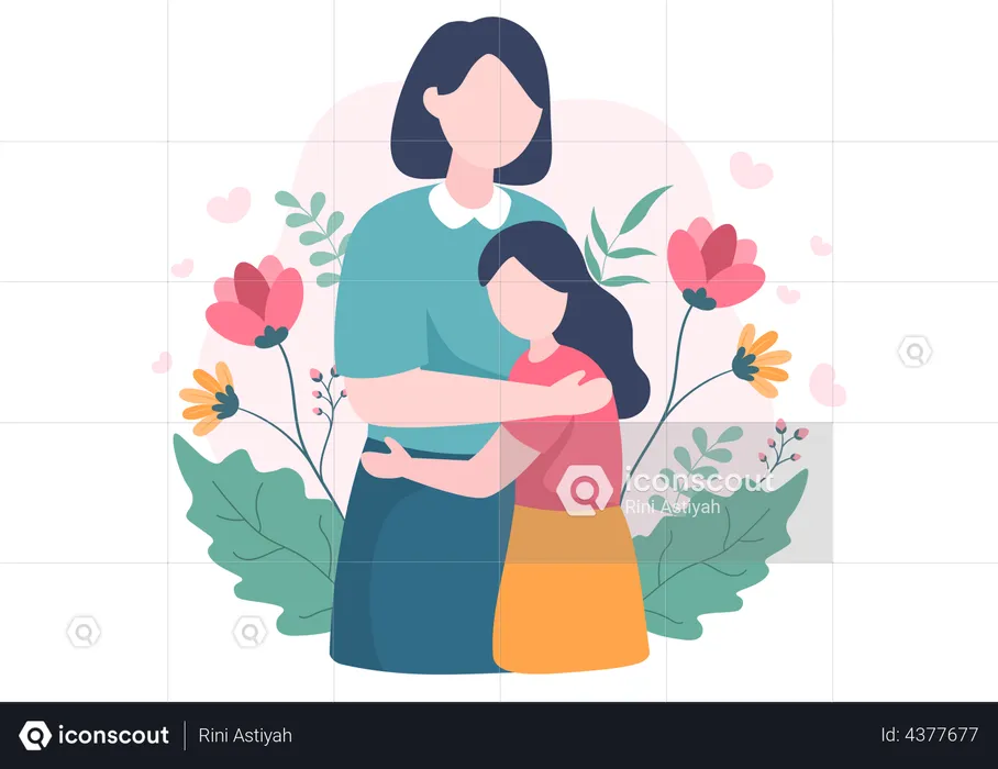 Niña abrazando a su madre  Ilustración