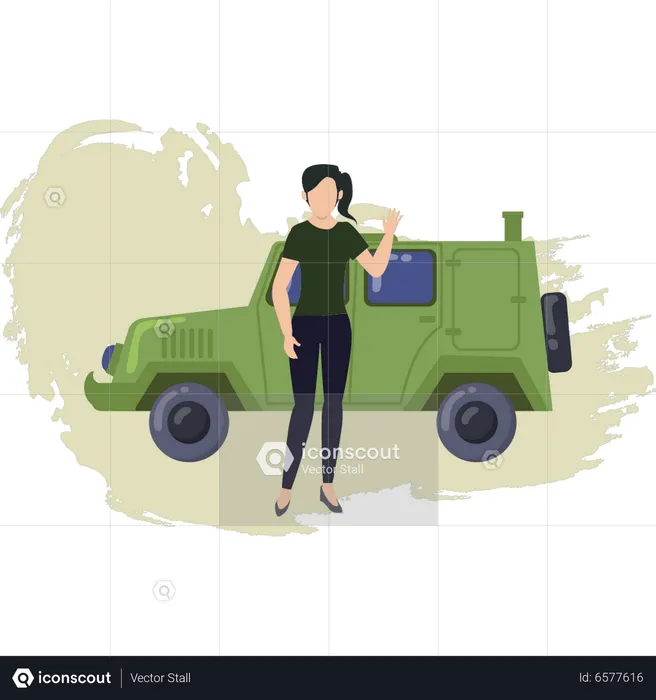 Chica saludando con la mano y parada cerca de un jeep militar  Ilustración