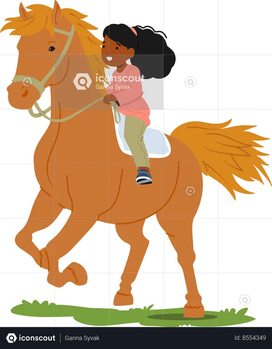 Niña alegre paseo a caballo  Ilustración