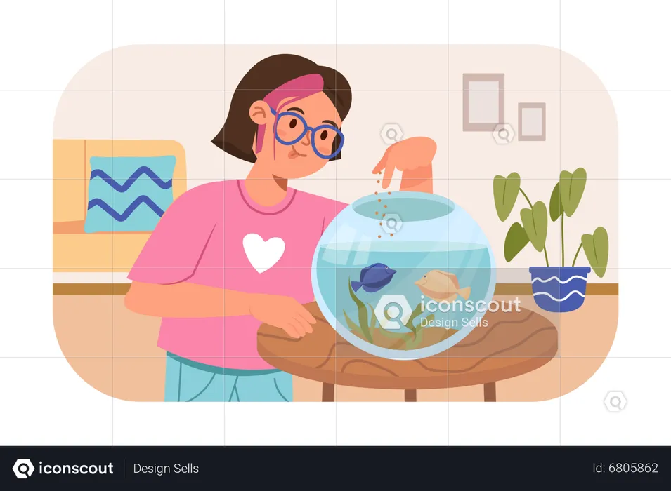 Niña alimentando peces  Ilustración