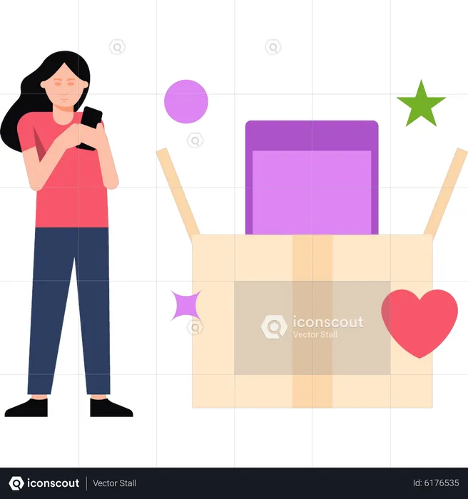 Chica abriendo caja de regalo móvil  Ilustración