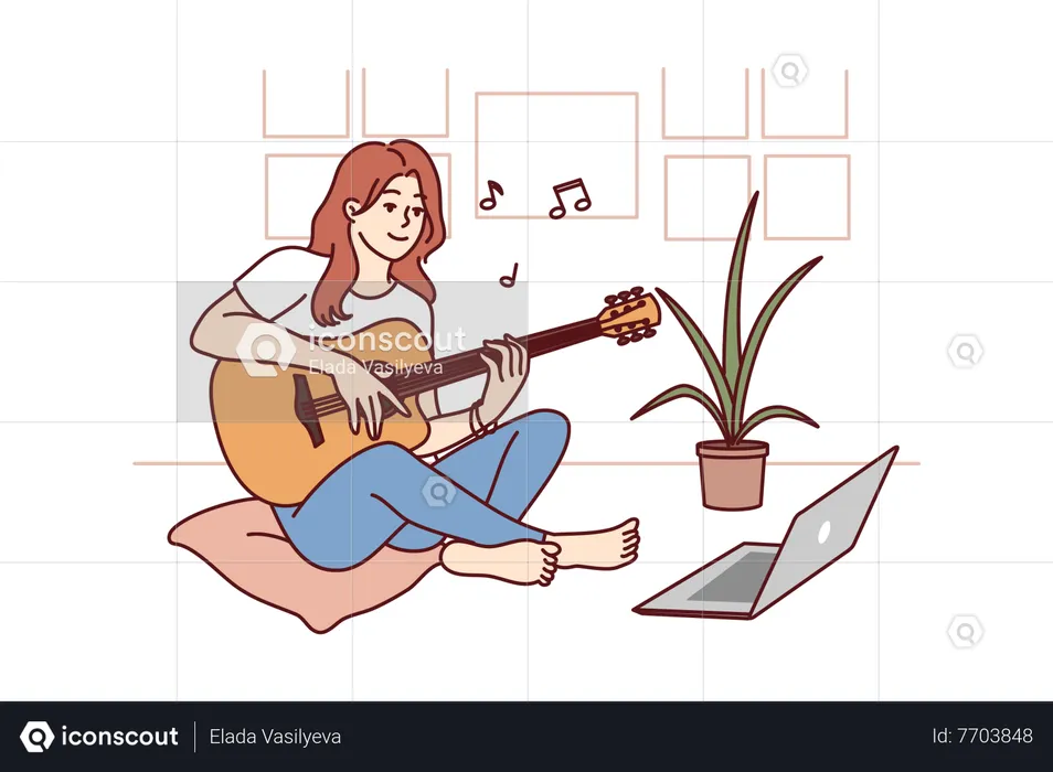 Niña aprendiendo guitarra en línea  Ilustración