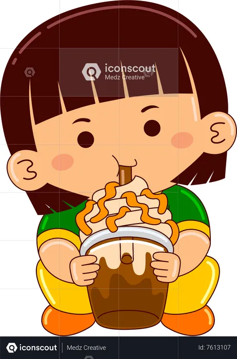 Chica bebiendo frappucino de caramelo helado  Ilustración