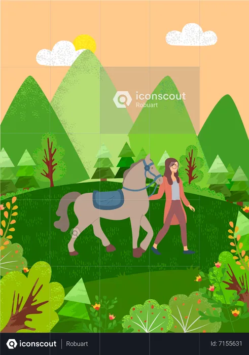 Niña caminando a caballo  Ilustración