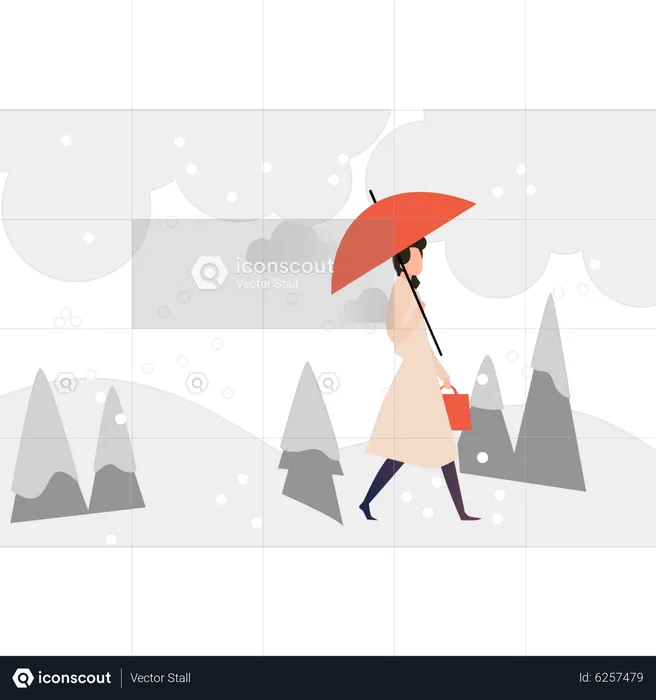 Chica caminando en la nieve con paraguas  Ilustración