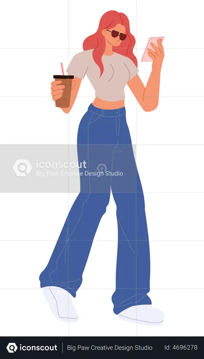 Chica caminando mientras sostiene el móvil y la taza de café  Ilustración